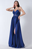 Saks Yırtma Detaylı İp Askılı Saten Abiye Elbise 9704981.26