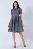 Gri Midi Boy Kısa Yuvarlak Yaka Simli Tül Abiye Elbise 6502459.06
