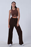 Kahve Yüksek Bel Bol Paça Keten Pantolon 01020661.05