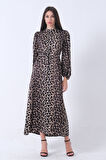 Leopar Bileği Lastikli Bel Bağlamalı Leopar Desenli Tesettür Elbise 4673008.53
