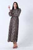 Leopar Bileği Lastikli Bel Bağlamalı Leopar Desenli Tesettür Elbise 4673008.53