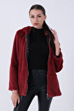 Bordo Fermuarlı Oversize Kapüşonlu Çift Cepli Peluş Mont 0108078.04