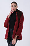 Bordo Fermuarlı Oversize Kapüşonlu Çift Cepli Peluş Mont 0108078.04
