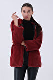 Bordo Fermuarlı Oversize Kapüşonlu Çift Cepli Peluş Mont 0108078.04