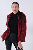 Bordo Fermuarlı Oversize Kapüşonlu Çift Cepli Peluş Mont 0108078.04