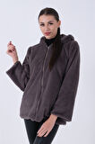 Gri Fermuarlı Oversize Kapüşonlu Çift Cepli Peluş Mont 0108078.06