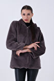 Gri Fermuarlı Oversize Kapüşonlu Çift Cepli Peluş Mont 0108078.06