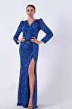 Saks Pul Payetli Drapeli Önü Yırtmaçlı Abiye 9705393.26