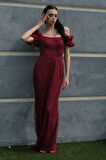 Bordo Üzeri Taş Boncuk İşlemeli Balon Kol Abiye 9705417.04