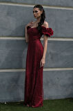 Bordo Üzeri Taş Boncuk İşlemeli Balon Kol Abiye 9705417.04