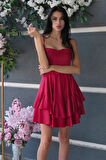 Kırmızı İp Askılı Bel Kemer Bağlamalı Mini Boy Abiye 0802004.08