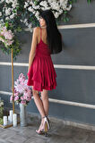 Kırmızı İp Askılı Bel Kemer Bağlamalı Mini Boy Abiye 0802004.08