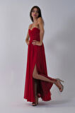 Kırmızı Askılı Drapeli Uzun Şifon Abiye 08020032.08