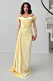 Sarı Drape Detaylı Saten Kumaş Abiye Elbise 9704858.11