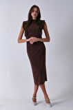 Kahve Büzgülü Üzeri Taş Detaylı Elbise 03050336.05