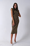 Haki Büzgülü Üzeri Taş Detaylı Elbise 03050336.23
