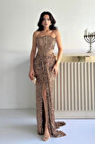 Gold Önü Taş Detaylı Yırtmaçlı Pul Payet Straplez Abiye 0801163.122