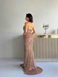 Gold Önü Taş Detaylı Yırtmaçlı Pul Payet Straplez Abiye 0801163.122