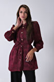 Bordo Hakim Yaka Bel Bağlamalı Desenli Tunik 4595333.04