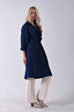 Lacivert Önden Düğme Kapamalı Yandan Cepli Kuşaklı Uzun Trenç 4200823.02