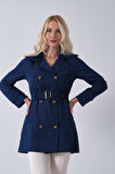 Lacivert Bilek ve Omuz Apolet Detaylı Kemerli Düğme Kapamalı Trenç 4200829.02