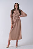 Bej Bisiklet Yaka Kendinden Şal Detaylı Broşlu Bel Bağlamalı Elbise 4571580.55