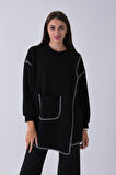 Siyah Önü Kanguru Cep Detaylı Çizgi Dikişli Bisiklet Yaka Tunik 940170263.01