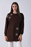 Kahve Üzeri Yıldız Desenli Taş İşlemeli Cep Görünümülü Tunik 940170258.05