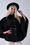 Siyah Yakası Kürklü Dikiş Detaylı Kemerli Panço 47122731.01