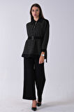 Siyah Tunik Yaka Fermuar Kapamalı File Detaylı Pantolonlu Takım 4577283.01
