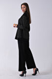 Siyah Tunik Yaka Fermuar Kapamalı File Detaylı Pantolonlu Takım 4577283.01