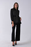 Siyah Tunik Yaka Fermuar Kapamalı File Detaylı Pantolonlu Takım 4577283.01