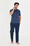 ERKEK JAKARLI POLYVİSKON KISA KOL PİJAMA TAKIMI - LACİVERT