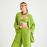 %100 Pamuklu Dokuma Müslin Düğüm Crop Top Arkası Lastikli 2'li Pantolon Takım