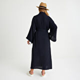 %100 Pamuklu Dokuma Beli Kuşaklı Maxi Kadın Kimono Kaftan