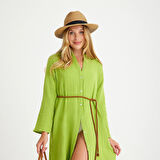 %100 Pamuklu Dokuma Müslin Hakim Yaka Kemer Detaylı Plaj Gömlek Elbise