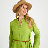 %100 Pamuklu Dokuma Müslin Hakim Yaka Kemer Detaylı Plaj Gömlek Elbise