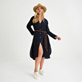 %100 Pamuklu Dokuma Müslin Hakim Yaka Kemer Detaylı Plaj Gömlek Elbise