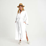%100 Pamuklu Dokuma Beli Kuşaklı Maxi Kadın Kimono Kaftan