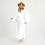 %100 Pamuklu Dokuma Beli Kuşaklı Maxi Kadın Kimono Kaftan