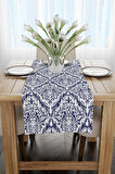 Lacivert Beyaz Damask Desenli Runner - CGH089-RN