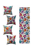 Beyaz Çok Renkli Modern Dekoratif Desenli 4'lü Kırlent Kılıfı 1 Runner Seti 4kmbs81-RS-01