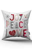 Çift Taraflı Beyaz Kırmızı  Joy Peace Love Yazılı Dekoratif Dijital Baskı Kırlent Yastık Kılıfı - CGH462-CT