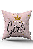 Çift Taraflı Pembe Siyah İt's Girl Yazılı Dijital Baskı Kırlent Yastık Kılıfı - CGH446-CT