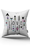 Çift Taraflı Beyaz Bohem Tarz Love Yazılı Dijital Baskı Kırlent Yastık Kılıfı - CGH440-CT