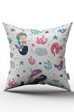 Çift Taraflı Pembe Beyaz Çocuk Denizkızı Desenli Kırlent Yastık Kılıfı - CGH011-CT