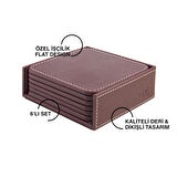 Bardak Altlığı,6’lı Set,Masaüstü Kare Cup Coaster,Vegan Suni Deri,11x11 cm.,Bordo