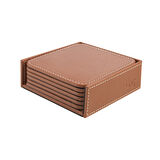 Bardak Altlığı,6’lı Set,Masaüstü Kare Cup Coaster,Vegan Suni Deri,11x11 cm.,Taba