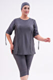 Büyük Beden Yarı Kapalı Tesettür Mayo Kol Detaylı 2311 Aysu Antrasit | 4XL