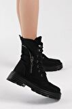 Tonny Black Kadın Siyah Süet Poli Taban Fermuar Detaylı Rahat Kalıp Bağcıklı Bot
